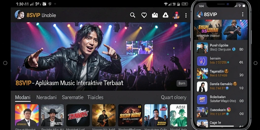 Tampilan antarmuka interaktif aplikasi 8SVIP dengan berbagai fitur musik.