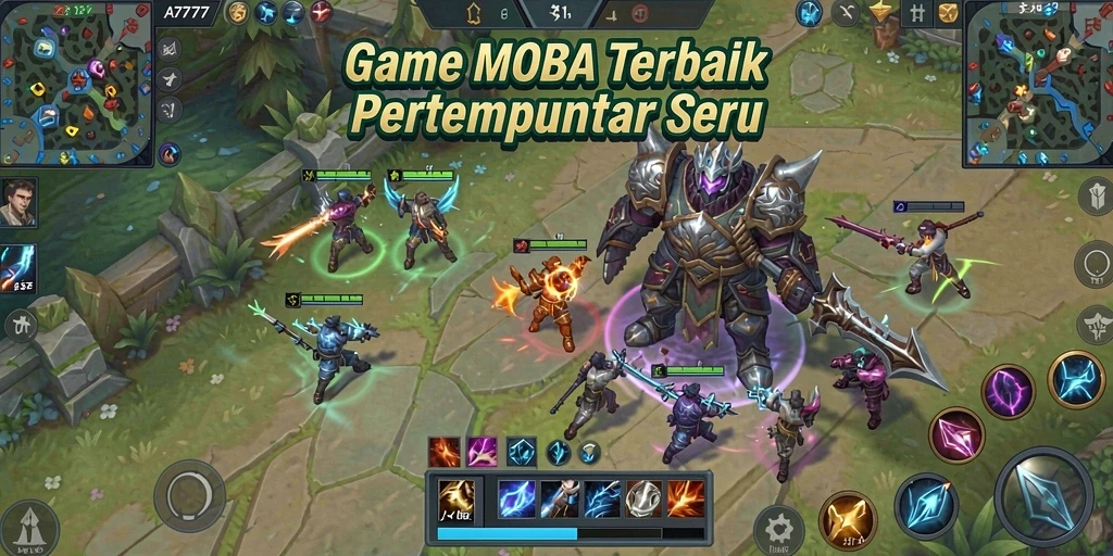 Screenshot A7777 menampilkan aksi seru dalam pertempuran MOBA.
