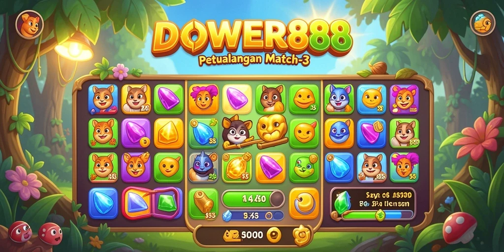 Tampilan gameplay seru di DOWER88 dengan pencocokan objek Match-3.