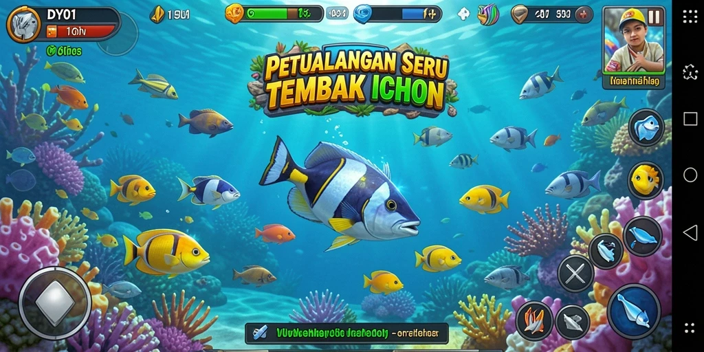 Tampilan gameplay DY01 dengan aksi menembak ikan yang seru.