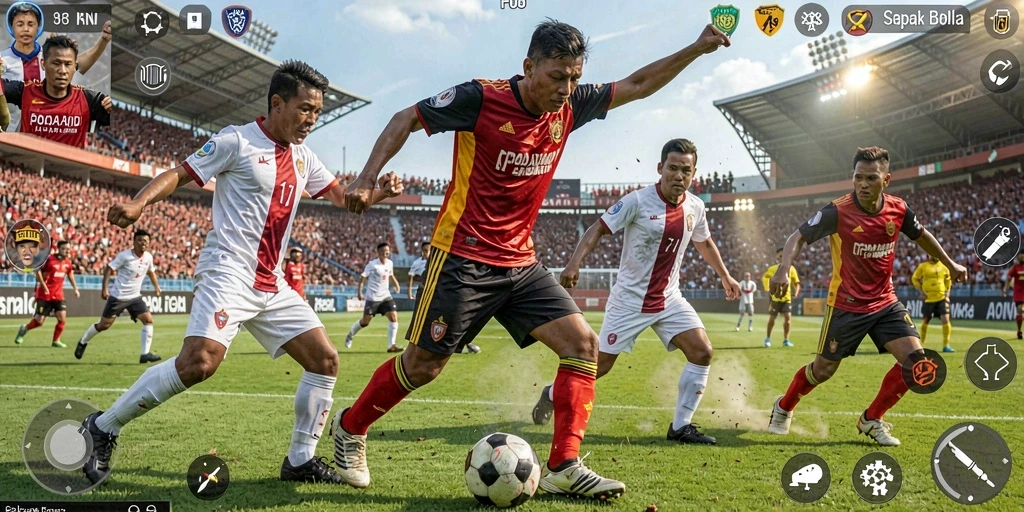Screenshot utama F08 menunjukkan aksi seru di lapangan sepak bola.