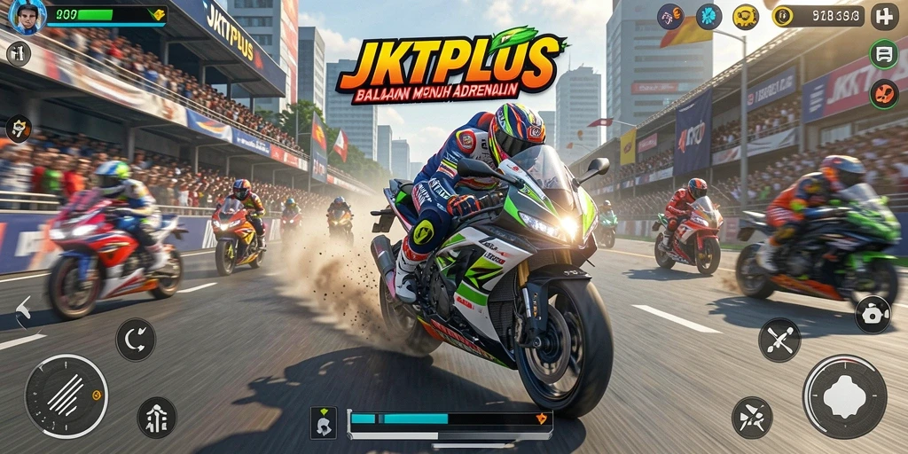 Screenshot gameplay JKTPLUS memperlihatkan aksi balapan motor yang seru.