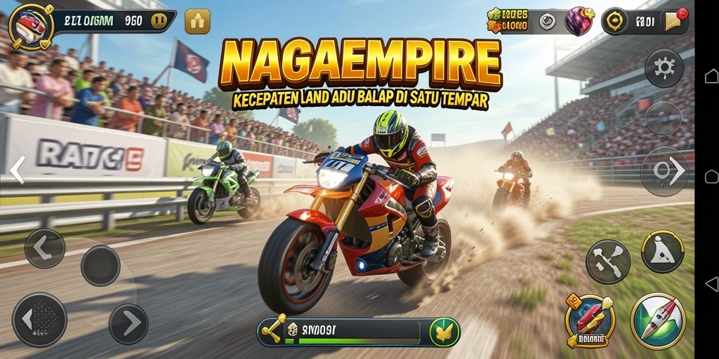 Screenshot NAGAEMPIRE menampilkan aksi balap motor yang mendebarkan.