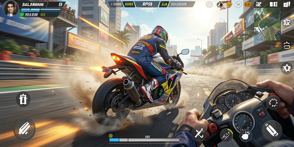 Screenshot dari gameplay seru RP99 dengan aksi balapan motor.