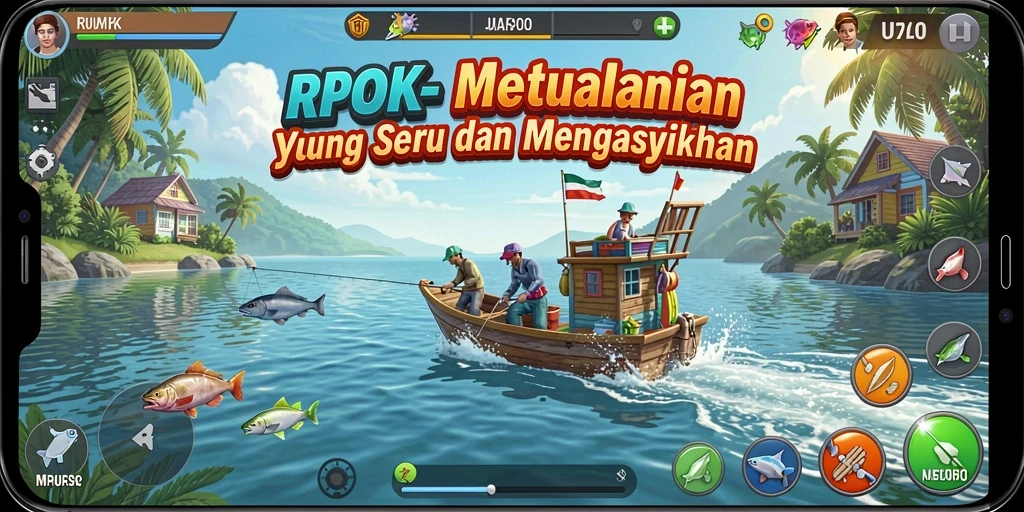 Gameplay RPOK menunjukkan momen seru saat memancing ikan besar.