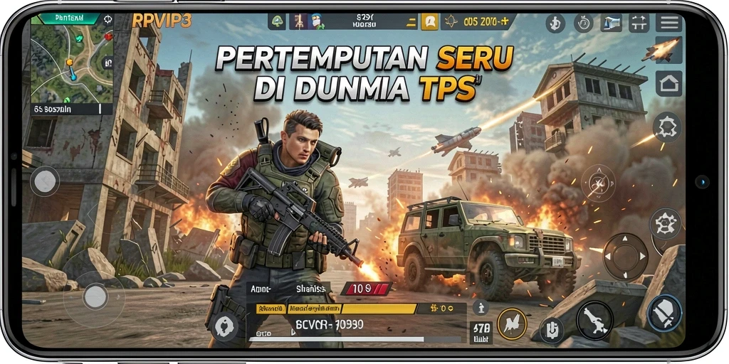 Screenshot utama RPVIP3 yang menunjukkan aksi pertempuran intens di arena TPS.