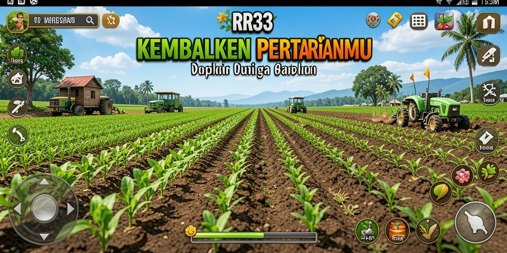 Tangkapan layar dari gameplay RR33 yang menggambarkan aktivitas pertanian.