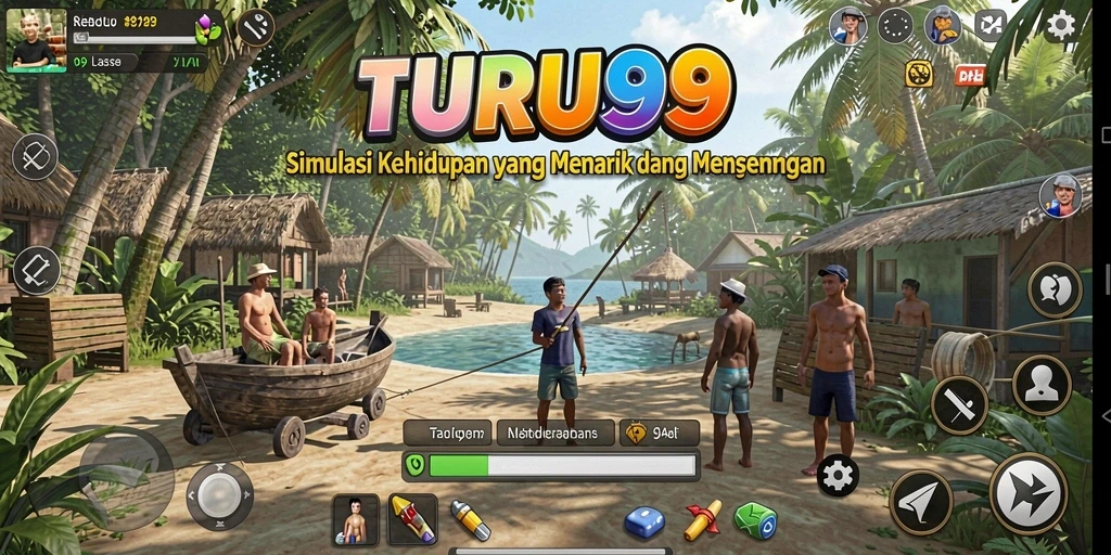 Tangkapan layar utama TURU99 menampilkan gameplay seru dan interaksi karakter.