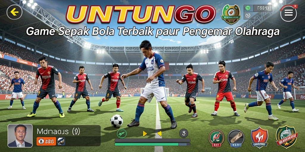 Screenshot utama UNTUNGGO menampilkan aksi seru di lapangan sepak bola.