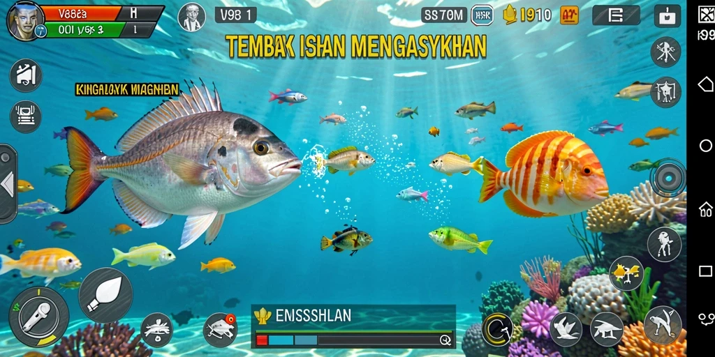 Screenshot V98 menampilkan aksi seru dalam permainan Tembak Ikan.
