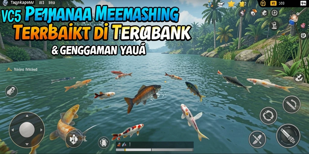 Tampilan gameplay VC5 dengan ikan dan lokasi memancing yang indah.