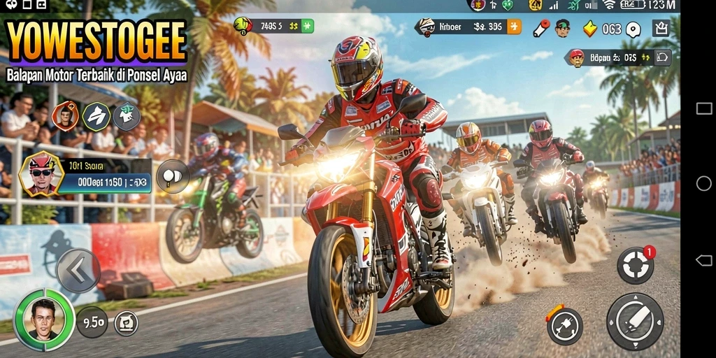 Tampilan gameplay YOWESTOGEL dengan aksi balapan motor yang mendebarkan.